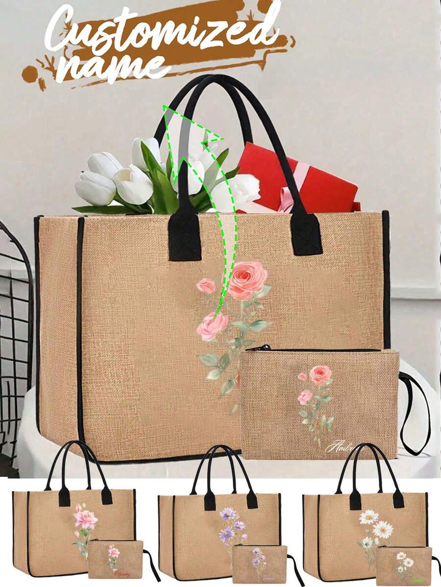 Personalized Customization Name Tote Bag Set,Birthday Month Representative Flower Pattern, Large Capacity , Shoulder And Handheld. Ladies' Large Capacity, Multifunctional Handbag, Neutral Adult Polyester Mini Makeup Bag,Valentine's Day,Wedding Season, Souvenirs, Bridesmaid Gifts, Ramadan - Multicolor - View 1