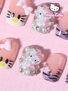 SANRIO 24片装短方形3D闪亮豹纹法式美甲贴纸，包含可爱的3D装饰、水钻、珍珠和蝴蝶结设计，完美适用于亚克力指甲，附赠1瓶胶水和1把指甲锉，适合女性和女孩日常及派对使用。 - 彩色 - 查看 3