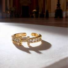 18K镀金H形戒指，镶嵌立方氧化锆，简约几何设计，可调节个性化戒指，新款时尚配饰，现代简约风格的优雅礼物 - 金色 - 查看 4