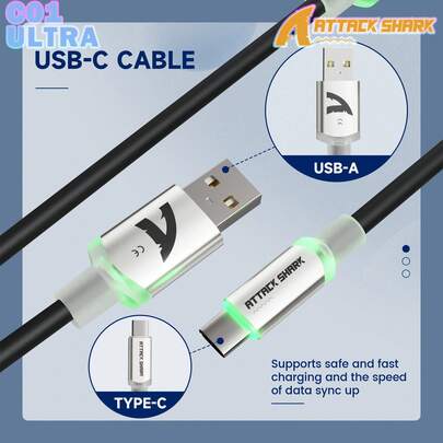 ATTACK SHARK C01 超长螺旋 USB-C 转 A 机械键盘连接线，RGB 灯效插头，双层编织游戏线，带可拆卸金属航空插头，适用于主流游戏主机、键盘和鼠标