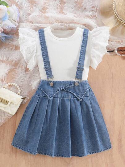 2pcs Girls Casual Solid Color Round Neck T-Shirt And Denim Suspender Skirt Set, Summer