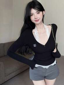 Women's New Lace Halter Sexy Design Blouse, Long Sleeve Lace Patchwork Knit Top - Black - View 4