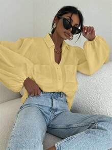 女士长袖白色薄纱复古休闲优雅针织开衫，适合春夏、节日、情人节穿着。 - 鵝黃色 - 查看 2