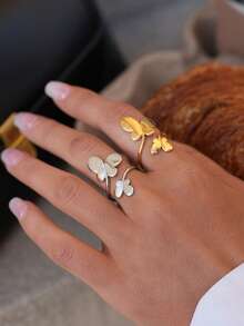 Frminee 2pcs/1pc Golden Butterfly Stainless Steel Women's Ring, Western Jewelry Stacking Knuckle Ring Fashionable Exquisite Cute Finger Jewelry Prom Clothing Accessories - Multicolor - View 3