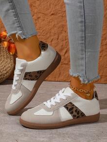 Women's Iridescent Leopard Print Low Top Sneakers - White Casual Glitter Shoes With Tan Gum Sole For Daily Streetwear - Beige - View 1