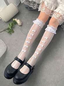 2双随机款式洛丽塔风格甜美蕾丝荷叶边蝴蝶结过膝袜（女款） - 彩色 - 查看 3