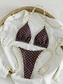 夏季豹纹细肩带系带比基尼套装，适合海滩度假 - 咖色點 - 查看 4