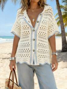 Áo khoác cardigan tay ngắn phối màu phong cách bohemian dành cho nữ cỡ lớn, thích hợp cho kỳ nghỉ biển, những dịp ăn trưa, mùa xuân. - Màu be - Xem 3