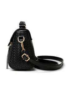 女士时尚“M”字母手机零钱包斜挎包，编织纹理翻盖，可调节肩带，轻便单肩包，适合日常通勤、办事、购物。 - 黑色 - 查看 6