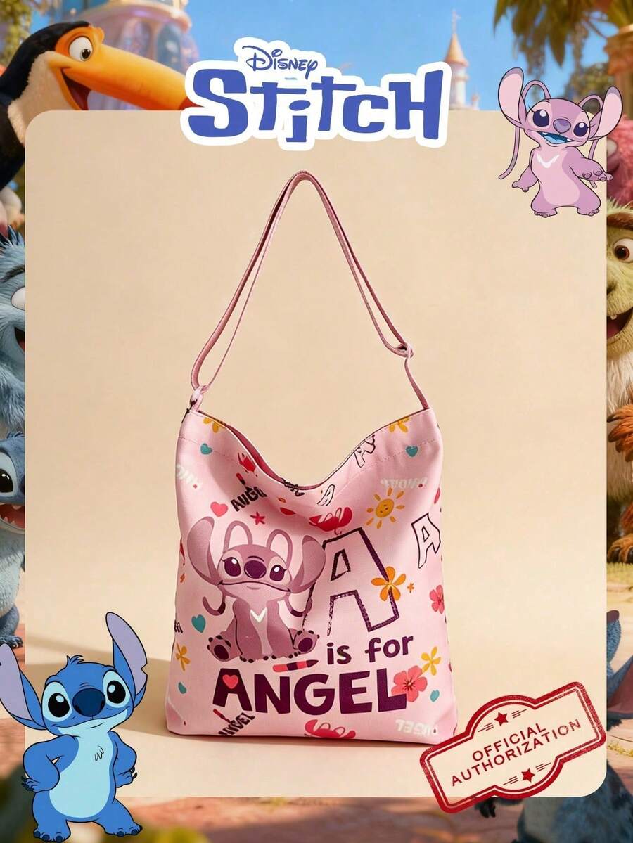 Disney 1 Pc Officially Licensed Lilo & Stitch Angel Printed Pink Storage Bag Lightweight Tote Bag, Cute Cartoon Shoulder Bag For Daily Use,For Women/Girls/Students, For Daily/Outing/Shopping/Valentine's Day Laundry Bag Laundry Storage Garment Bag Waterproof Bag Storage Bags Clothes Organizer Clothes Storage Clothes Bag Storage For Clothes Travel Essentials Travel Organizer - Pink - View 1