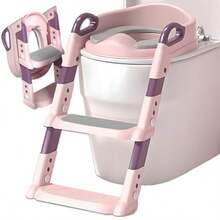 Asiento Entrenador Plegable para Inodoro de Bañera con Tapizado - Escalera para Baño Infantil, Alfombra Suave de PU Desmontable, 6 Niveles Ajustables, Fácil de Limpiar, Color Rosa + Almohadilla - B, Rosa + Almohadilla de PU - Ver 9