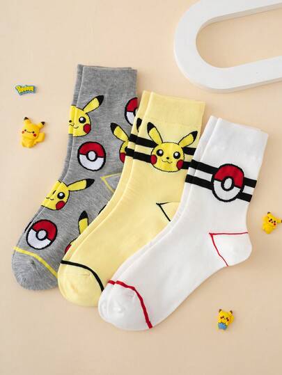 pokemon 3 pares de calcetines de media caña con patrón a rayas de la serie Pokémon Pikachu para hombres, unisex, ropa deportiva, para todas las estaciones, talla europea y americana, cómodos, transpirables, duraderos, de colores vivos, aptos para uso diario, de tela premium, sin sensación de ahogo