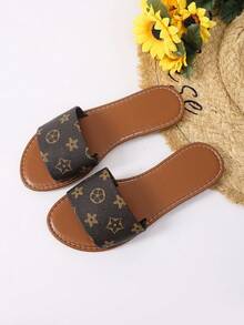 Women's H-Shaped Slippers, Casual Roman Style, Comfortable Low Heel With Embossed Design, Beach Key French Flat Sandals - Coffee Brown - View 8