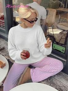 HoloChill 女士圆领落肩长袖宽松休闲套头毛衣，2026 新款，适合夏秋穿着 - 白色 - 查看 6