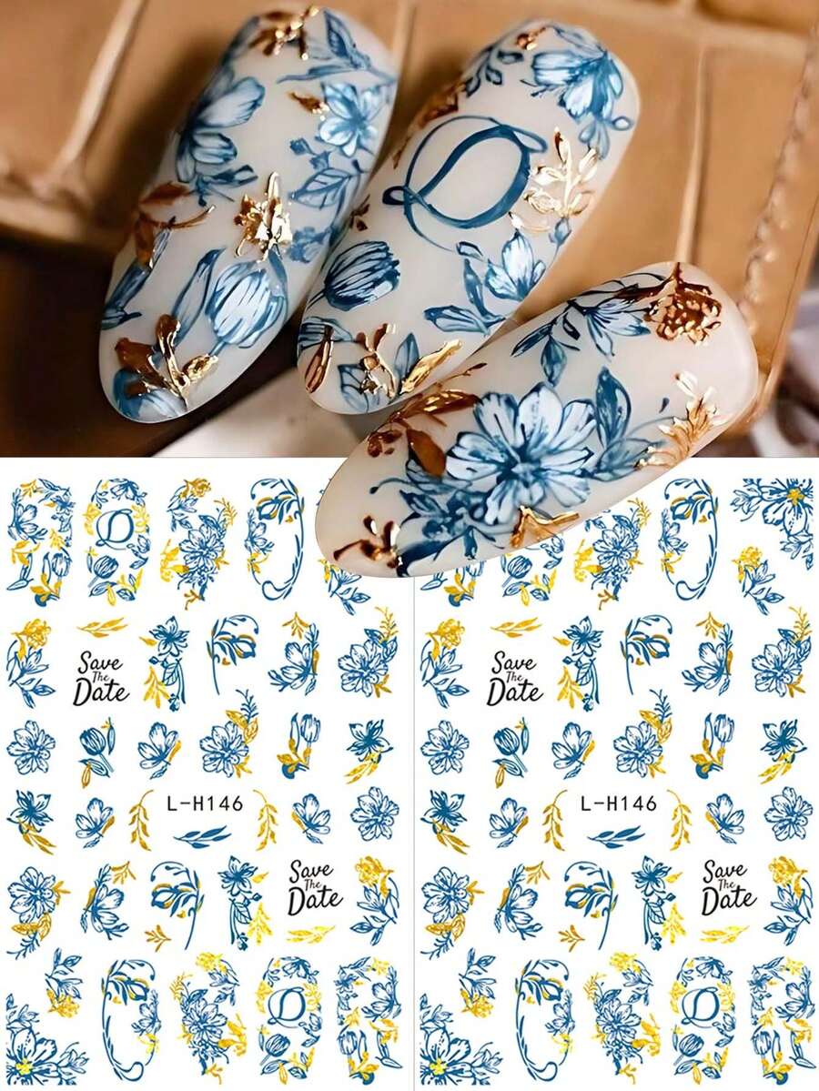 FULL BEAUTY 2片蓝色菊花大丽花美甲贴纸，奢华古铜色雏菊郁金香叶子浪漫腾曼春夏滑动式婚礼美甲饰品 - 彩色 - 查看 1