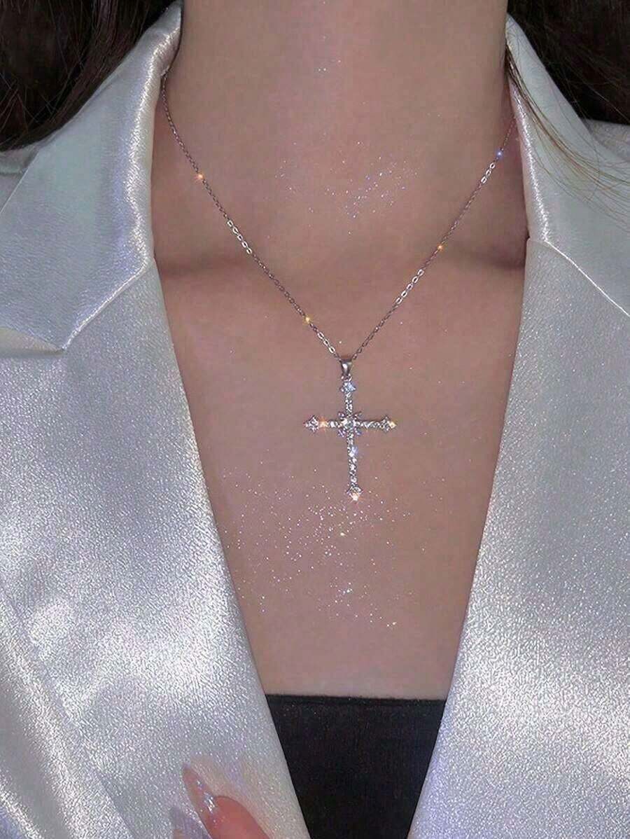 1pc Fully Rhinestoned Star & Cross Pendant Necklace, Minimalist Fashion, Casual Everyday Wear - 銀色 - 查看 1