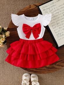 2pcs Baby Girl Princess Style Outfit: Big Bow Accent Cap Sleeve T-Shirt Top And Multi-Layer Ruffle Hem Cake Skirt Set - Red - View 1