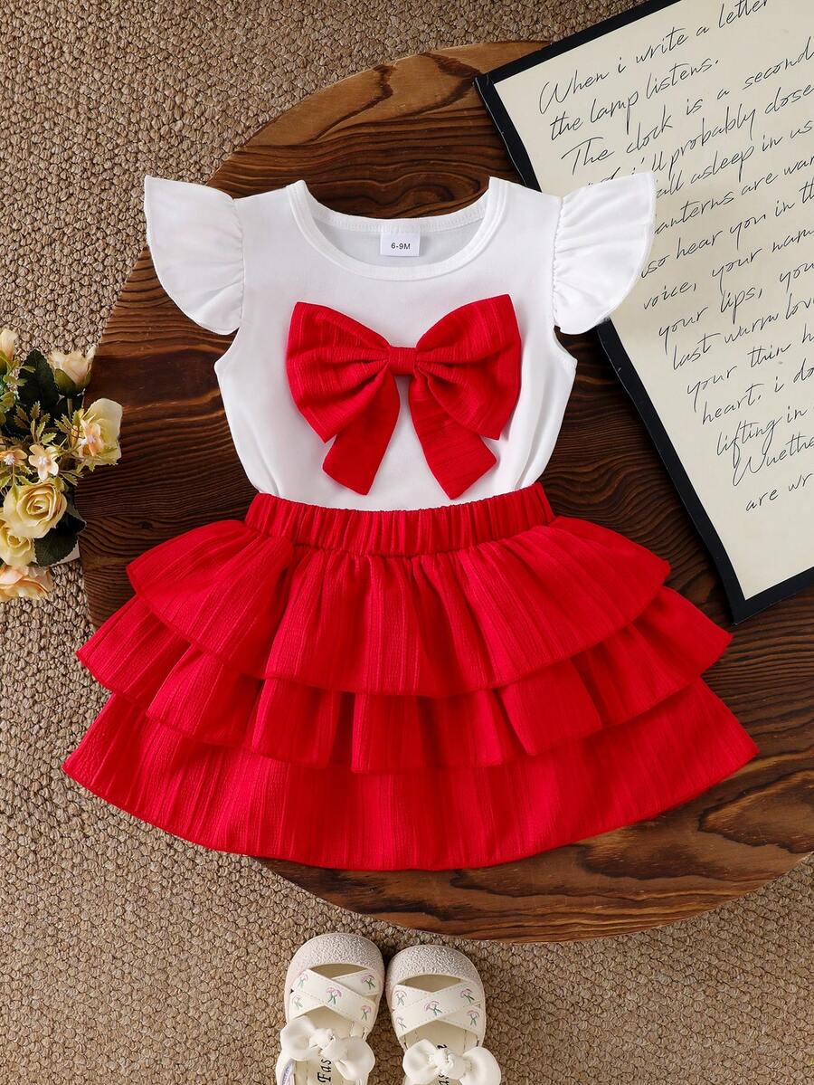 2pcs Baby Girl Princess Style Outfit: Big Bow Accent Cap Sleeve T-Shirt Top And Multi-Layer Ruffle Hem Cake Skirt Set - Red - View 1