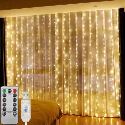 USB Fairy Curtain Lights With Remote Control, 8 Modes, LED Multi-Color Indoor Wall Hanging Lighting, Suitable For Eid, Valentine's Day, Thanksgiving Decoration (Batteries Not Included)