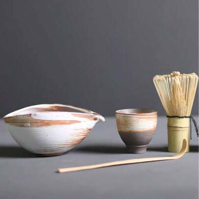 4 piezas "Juego de té con glaseado blanco de luna" (100 batihojas de té + Tazón de té glaseado + Soporte para batihojas + Cuchara de té de bambú) | Ideal para reuniones de té del Festival del Medio Otoño / Decoración del espacio del té / Juego de regalo perfecto - Estética Wabi-Sabi + Herramientas prácticas para la preparación del té