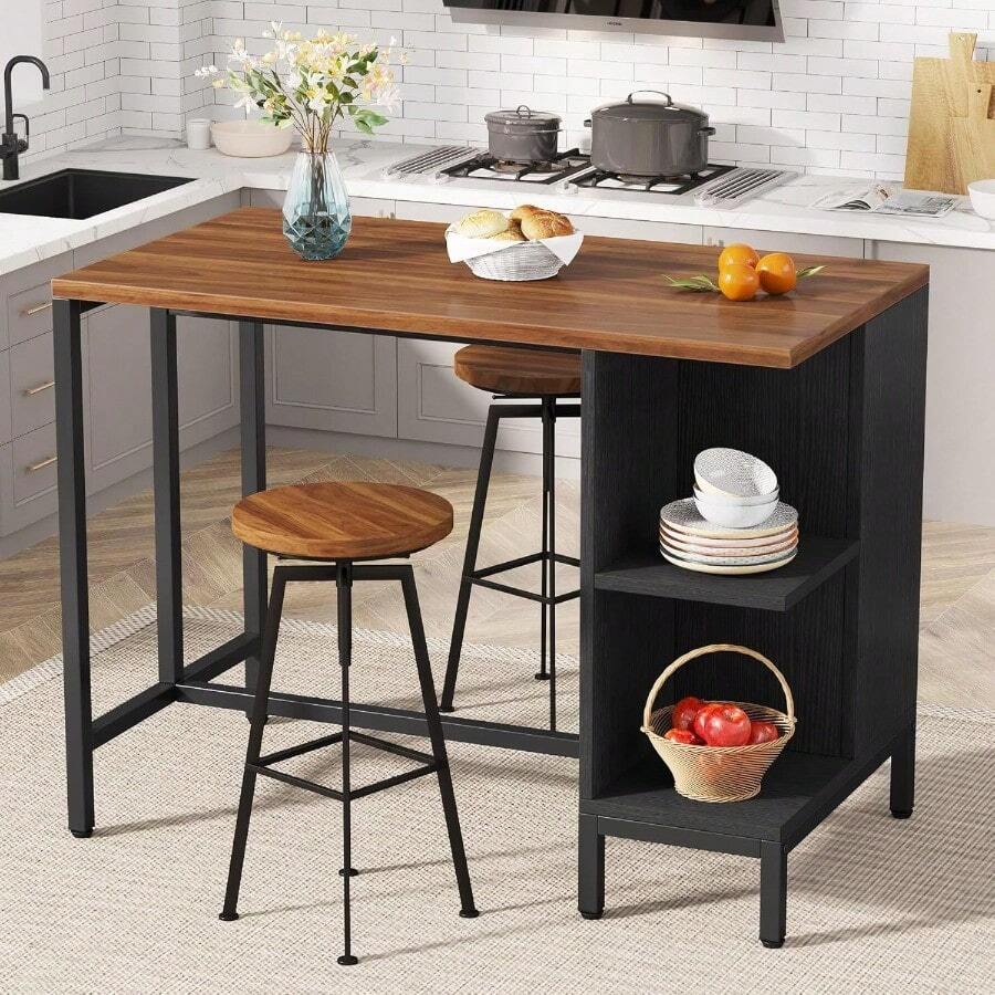 Mesa de bar, isla de cocina con 5 estantes abiertos y una gran superficie de trabajo, isla con mesa de corte de estilo industrial (taburete no incluido) - Negro - Ver 1
