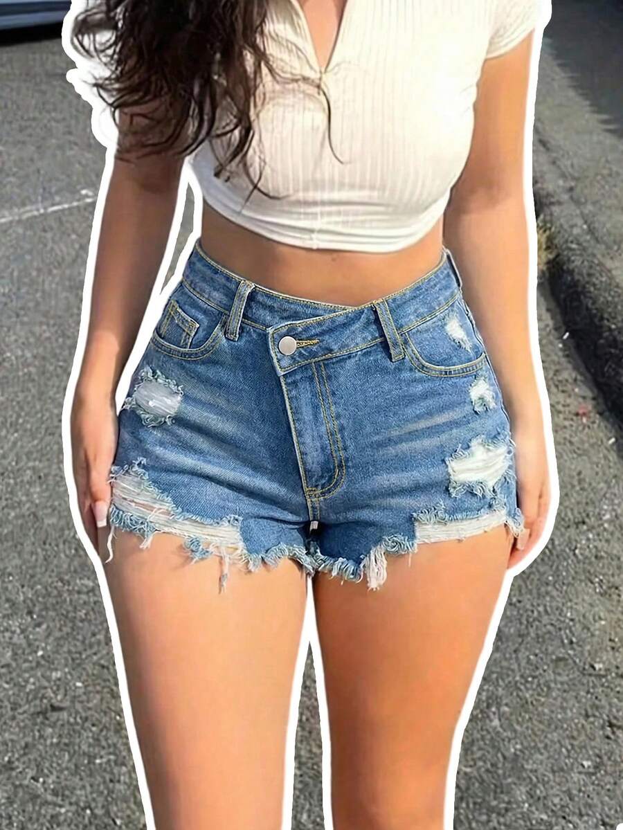 女士休闲牛仔迷你短裤，阶梯式腰带，毛边裤脚，中等弹力直筒裤型 - 藍色 - 查看 1