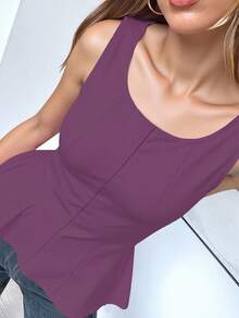 1pc Solid Color Knit Fabric Ruffle Trim Casual Top, Summer - Purple - View 3