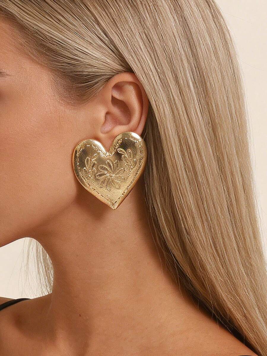 1对复古简约时尚独特图案夸张合金心形耳钉，女士百搭款 - 誇張愛心耳環 - 查看 1