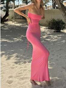 Women's Solid Color Elegant Backless Sexy Fitted Bodycon Party Holiday Casual Long Dress Pink Summer - Pink - View 4