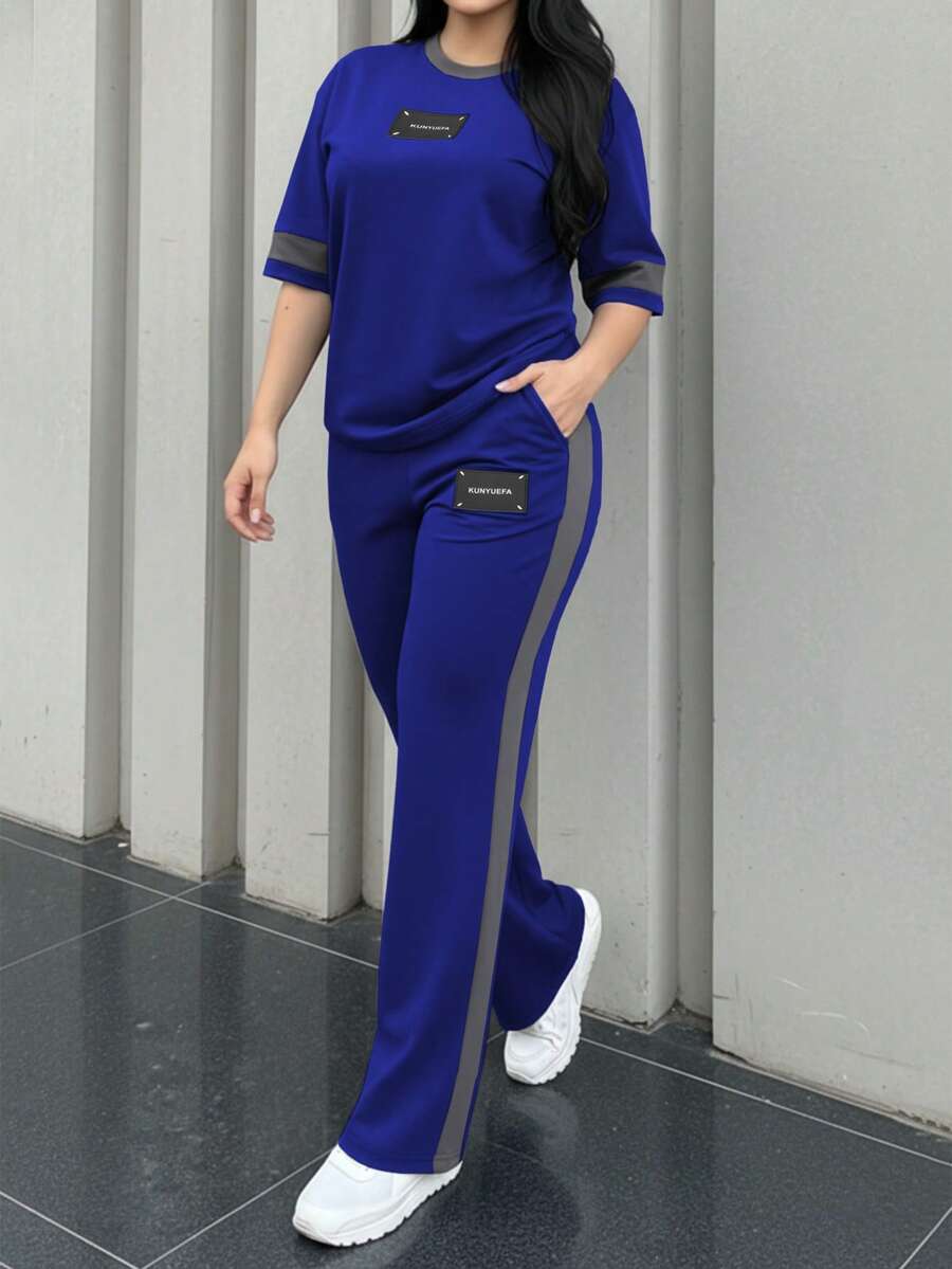 2pcs Women's Spring/Autumn Round Neck Short Sleeve T-Shirt And Elastic Waist Loose Pants Set, Casual Daily Wear - Blue 142 - View 1