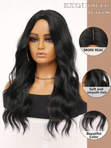 clouder Gothic Punk Black Long Wavy Curly Wig 26-Inch Center-Parted Bangs Heat-Resistant Synthetic Fiber Wig Women's Soft Voluminous Curls Suitable For Daily Cosplay, Street Style, Holiday Parties, Music Festivals, Y2K Aesthetic, Avant-Garde College Style, Modern Fashion Punk Looks - 黑色 - 查看 8