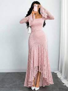 Women's Elegant French Romantic Sexy Square Neck Rose Lace Jacquard Retro Two-Layer Pleated Petal Sleeves Hem Asymmetrical Dress Suitable For Date Holiday And Daily Pink Spring - Pink - View 6