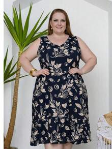 Women's Plus Size Tank Dress In Printed Viscose Linen Fabric, Casual, Vacation Style - màu đen - Xem 2