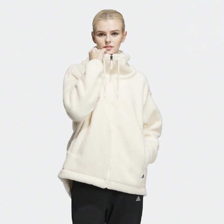 Adidas Lounge Jacket, Solid Color Loose Fleece Sports Jacket, Stand Collar Casual Jacket, Women's - White - View 1