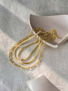 Tkool 3pcs/Set Fashionable Minimalist Multi-Layer Stacked Blade Chain Square Zirconia Bracelet - Yellow Gold - View 3