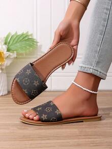 Women's H-Shaped Slippers, Casual Roman Style, Comfortable Low Heel With Embossed Design, Beach Key French Flat Sandals - Coffee Brown - View 1