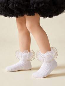 1 Pair Girls' Solid Color Cotton Thin Mesh Ankle Socks, School Style, Suitable For Spring/Summer, Princess Lace Trim - White - View 3