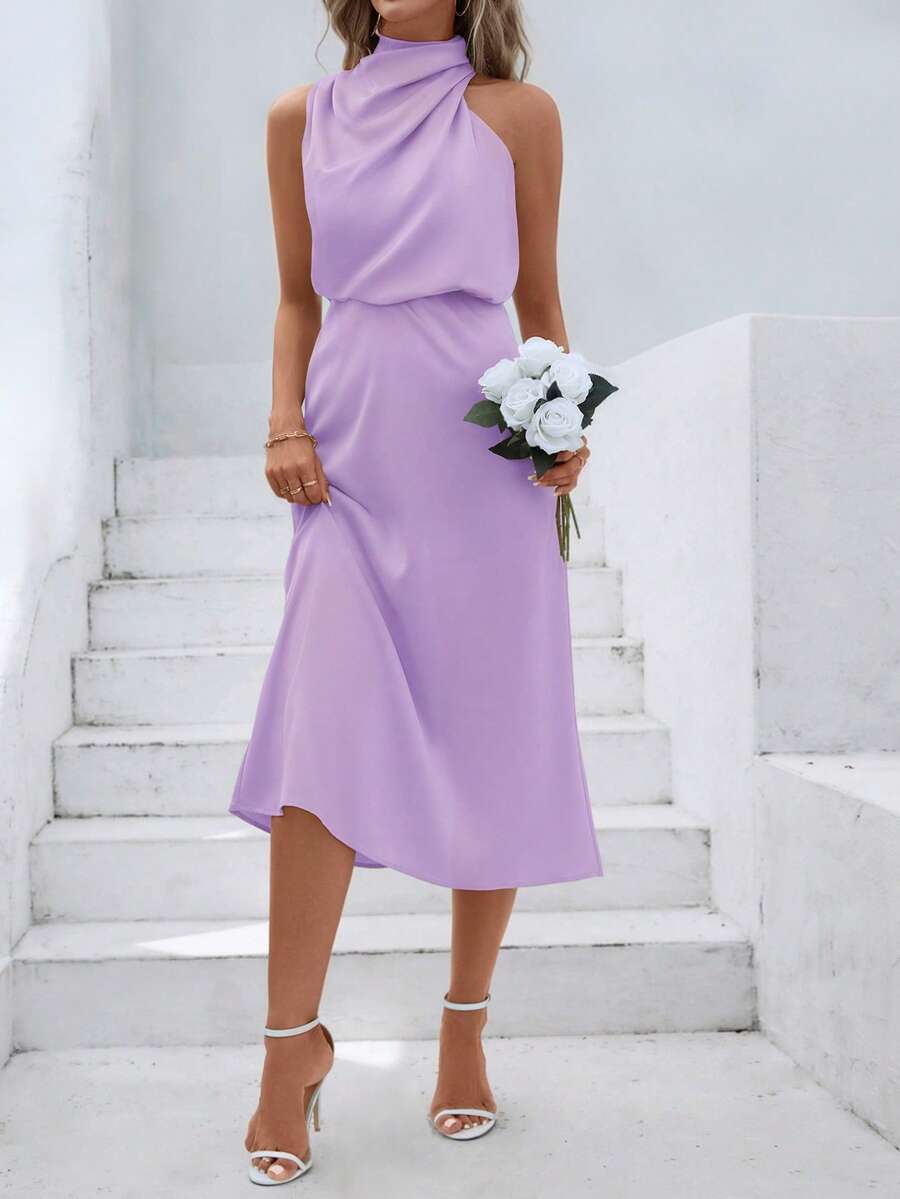 畅销欧美时尚女式缎面无袖中长连衣裙，优雅百搭设计，适合夏季晚宴派对。 - 淡紫色 - 查看 1