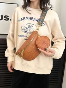 2pcs Set Embossed Waist Bag & Chest Bag, Fashion Chinese Style Handbags, Large Capacity - Brown - View 4