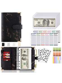 Marble Pattern (Outer Shell) + 8 Zipper Pockets + A6 Cash Budget Cards (12pcs) + 2pcs English Stickers + Snap Button Label Sticker A6 Loose-Leaf PU Leather Notebook - A6 - View 2