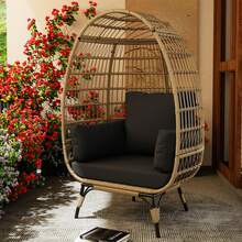 Sillón de ratán extragrande con forma de huevo para interior y exterior, con estructura de acero y 4 cojines para patio y porche, color negro. - Negro - Ver 2