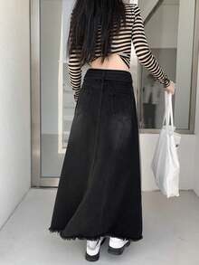 A字型高腰牛仔裙，时尚鱼尾连衣裙 - 黑色 - 查看 3