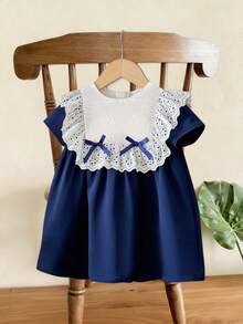 Baby Girls' Summer Lace Collar Dress, Cute White Hollow Lace Collar, Navy Blue Skirt, Blue Bow Decor, Princess Style, Comfortable & Skin-Friendly, Fashionable Outfit For Baby Girls - Blue - View 3