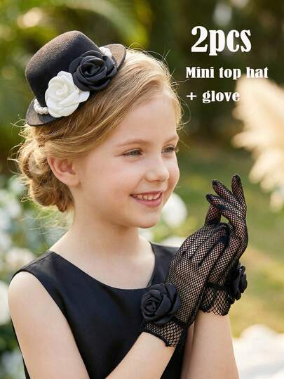 Set de 2 piezas: Sombrero fascinador de malla negra con lazo de camelia + Guantes con flor, Sombrero mini de malla negra, Accesorios de fotografía para bodas, Decoración de bodas, Accesorios para fotomatón de fiestas, Suministros para bodas, Corona floral, Corsage de muñeca, Conjunto para padres e hijos