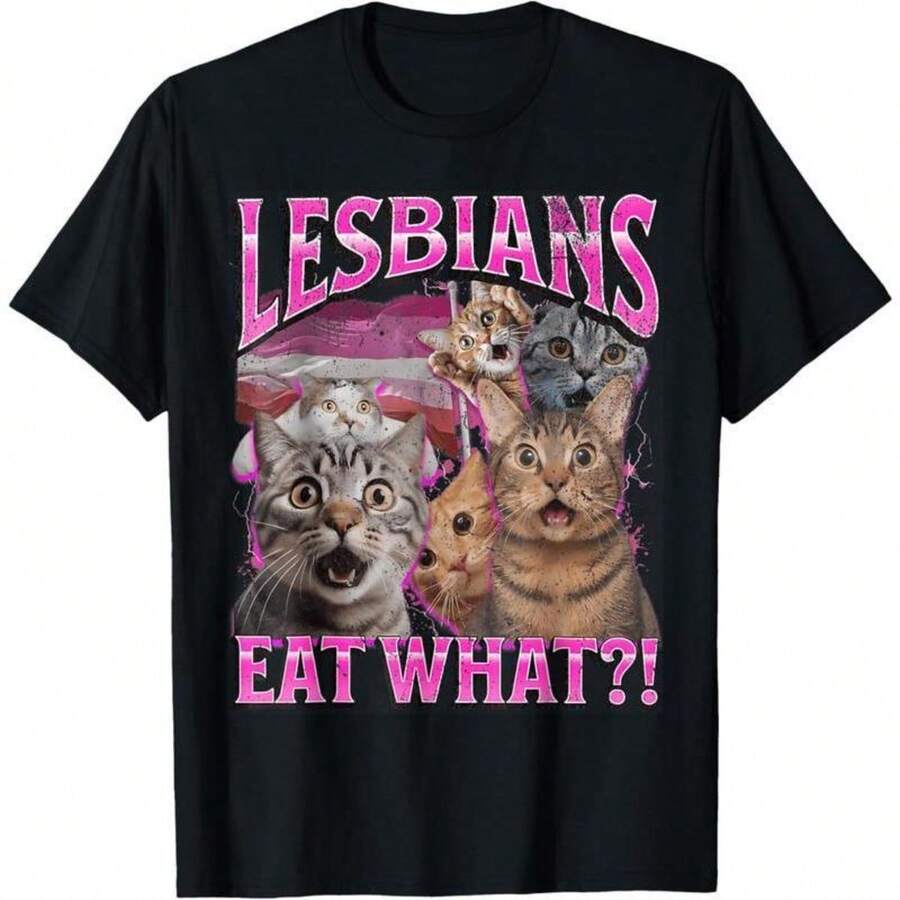 100% Cotton Lesbians Eat What?! Funny Cat Gay Pride LGBTQ Pun T-Shirt - 黑色 - 查看 1