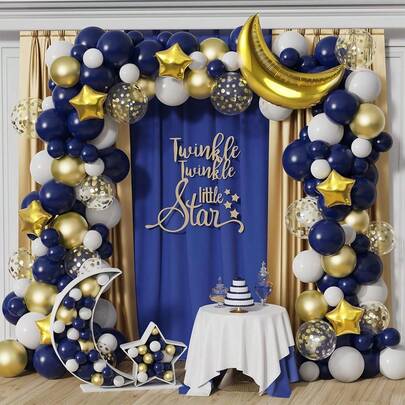 151pcs Navy Blue, Gold, Shiny Star Foil Balloon Chain Set | 18 Inch, 10 Inch, 5 Inch | Foil | Shower, Birthday Party, Ramadan Decoration Supplies
