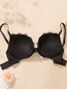 WINGSLOVE Eyelash Lace Underwire Bra Deep V Push-Up Lightly Padded Adjustable Convertible Crisscross Strap Bra - Black - View 8