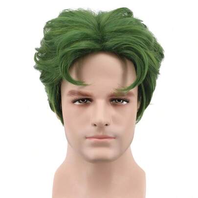 Men Short Green Curly Wig Anime Clown Cospaly Wig Heat Resistant Synthetic Fibers Soft Breathable Costume Hair
