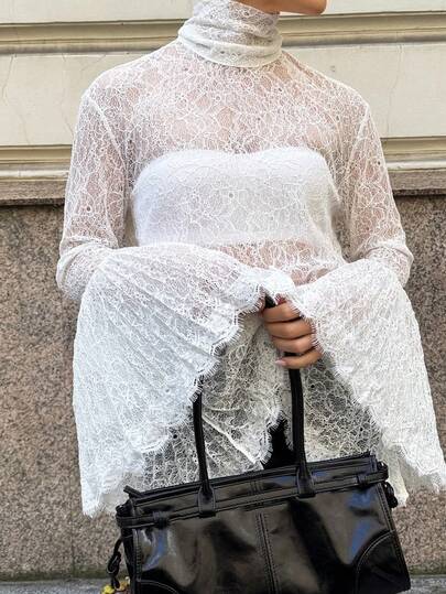 Women's Sexy Lace Bell Sleeve Long Sleeve High Neck Blouse, Suitable For Spring/Summer And Valentine's Day
