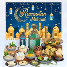Gold Letter Eid Al-Fitr Mubarak Complete Mosque Background Banner, Ramadan Mubarak Islamic Ramadan Holiday Background With Crescent Moon Lanterns, Stars, Castle Patterns - Multicolor - View 6